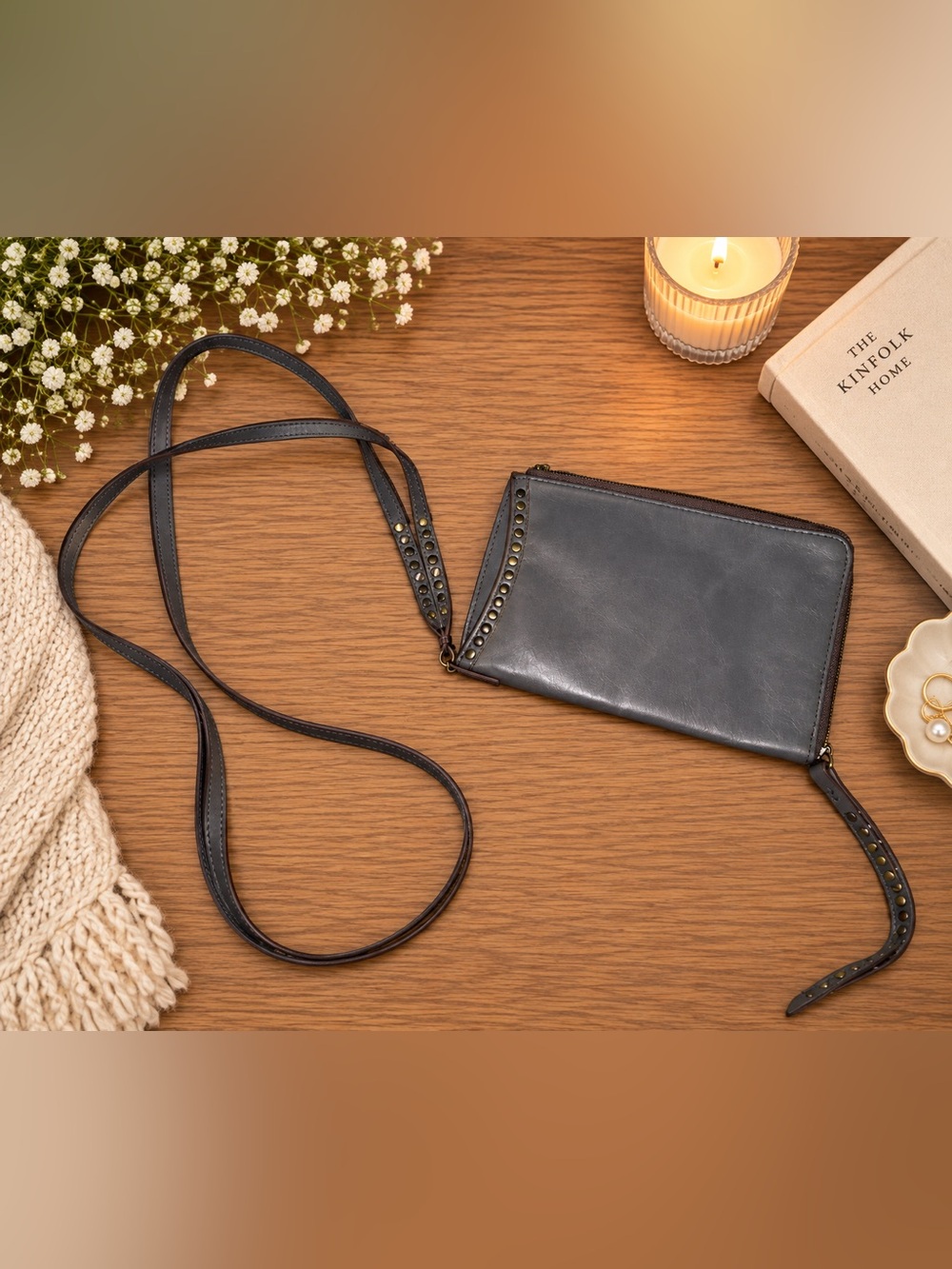 HOBO International Gray Leather Zip-Around Crossbody Wallet Bag Studded